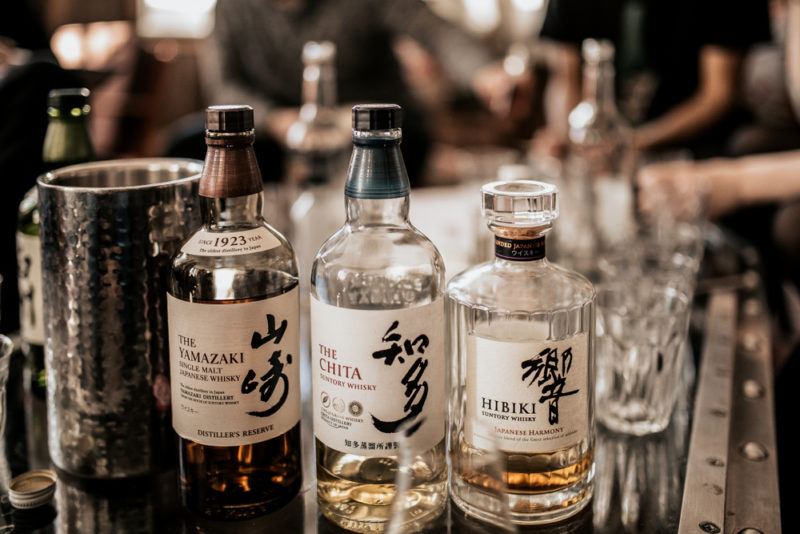 Small bottles of Japanese whisky including Hibiki