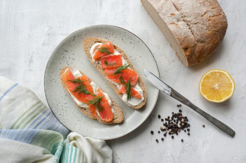 Smoked salmon on toast on a plate