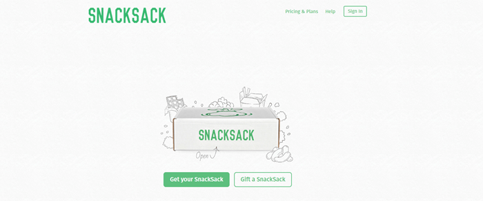 SnackSack website screenshot showing a closed SnackSack box against an off-white background.