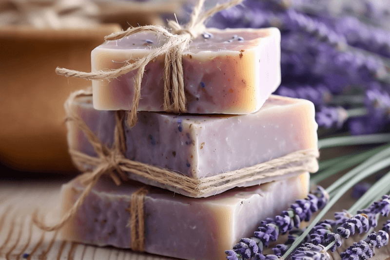 Three lavender soaps in a stack, with fresh lavender sprigs in front and behind.