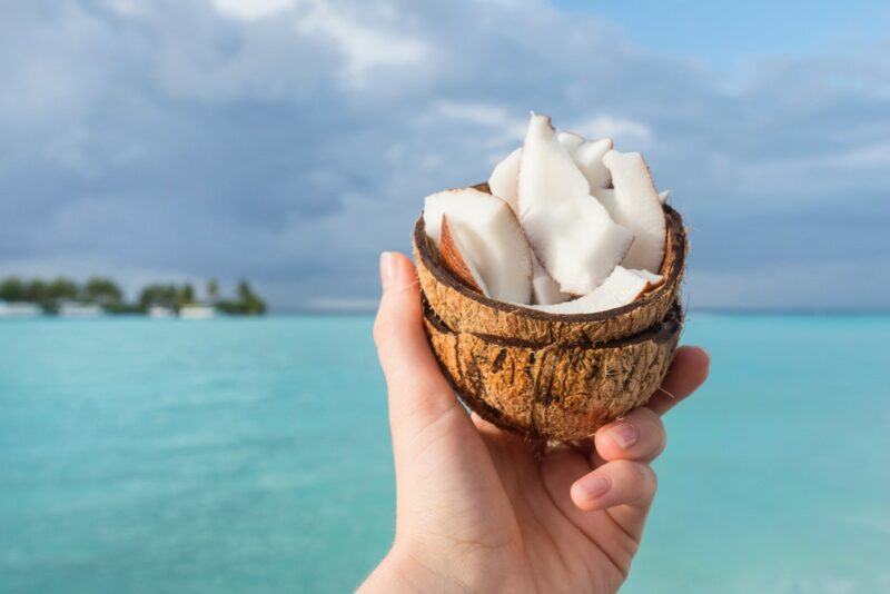 Someone holding up a pair of coconut shells, one of which contains coconut meat that is ready to eat