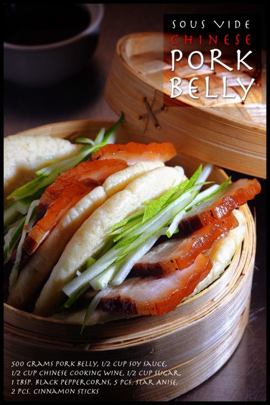 A wooden dish containing Chinese pork belly and greens, with text containing brief details about the recipe. 