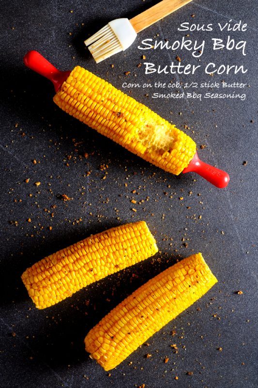 Three pieces of corn, one with red handles and some bites taken out of it, plus the title and basic information for smoky BBQ butter corn