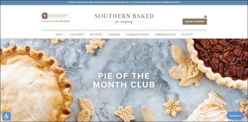 screenshot of Southern Baked Pie Company Pie of the Month Club's web page, with a blue announcement bar on top followed with a white header bearing the website's name and the main menu underneath it, the page is showing a wide banner image of  pies with text overlay 