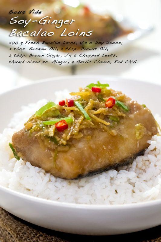 A large white dish containing white rice with a piece of soy ginger marinated bacalao, topped with various garnishes. 