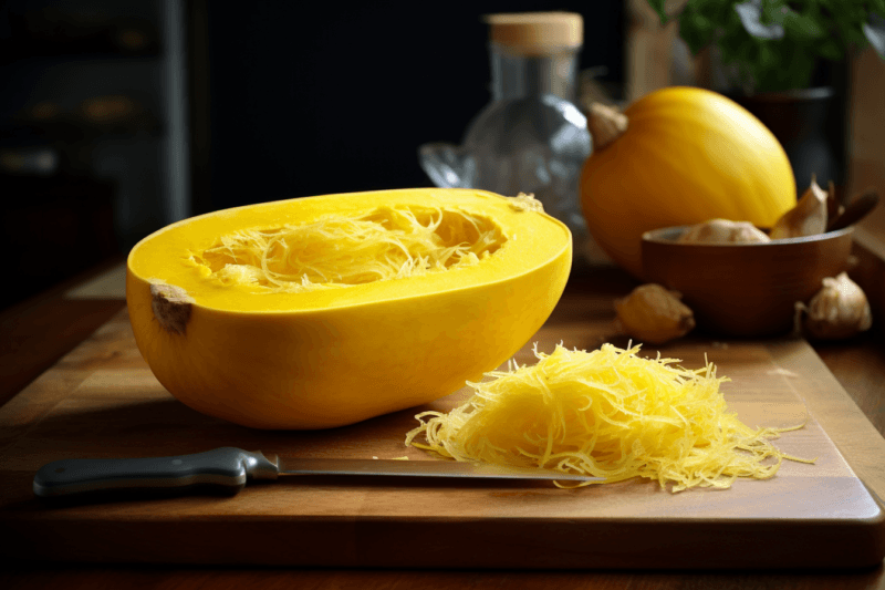 A wooden board with half a spaghetti squash, where some of the spaghetti like interior has been removed