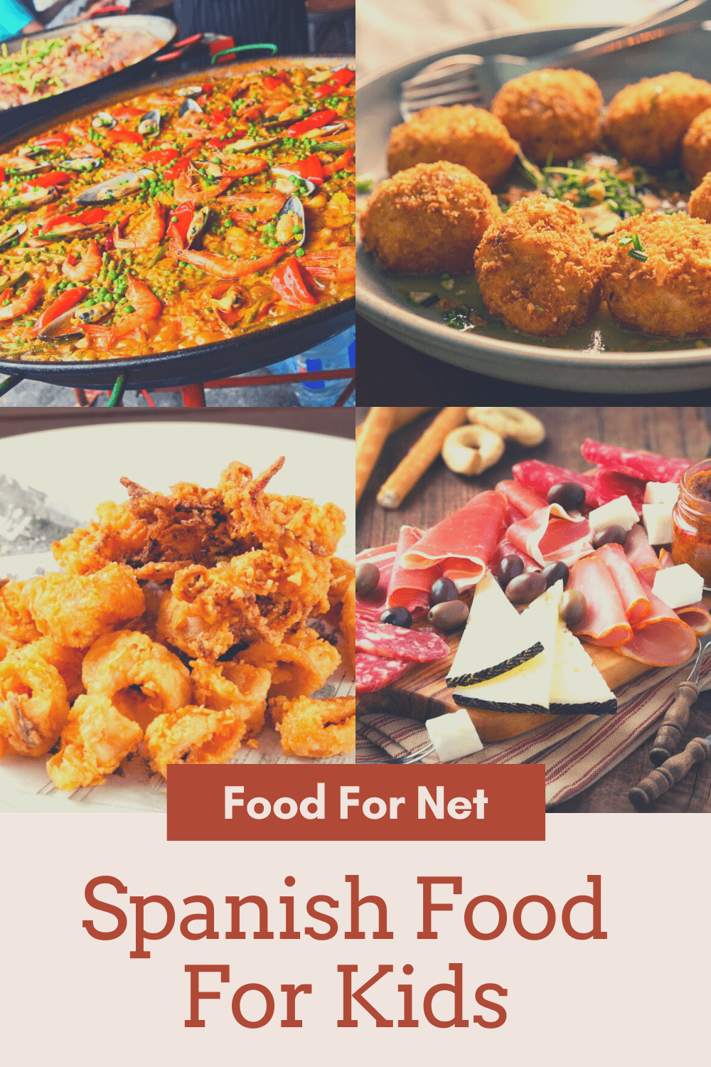 Four types of Spanish food for kids, including cured meat, calamari, paella, and croquetas