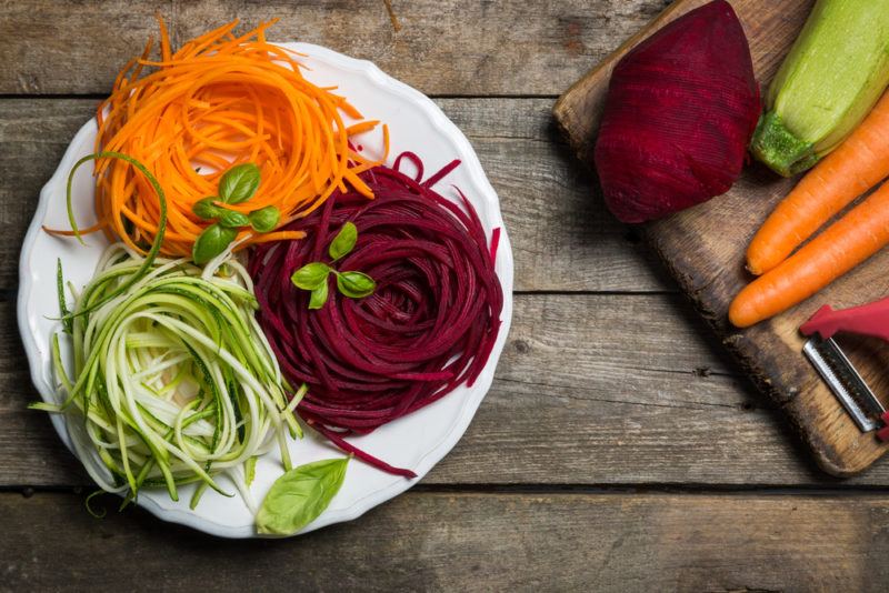 Spiralized cucumber, beetroot and carrot