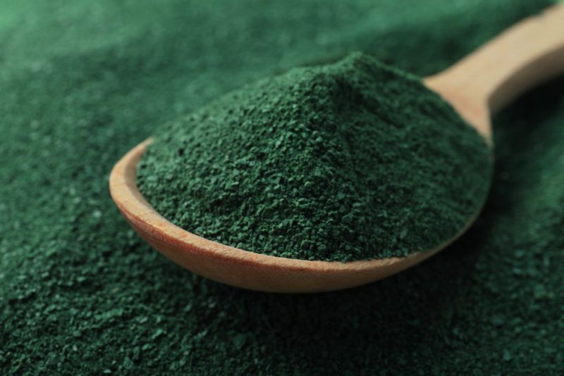 Spirulina on a plate with a wooden spoon