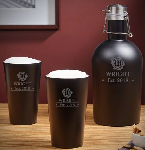 Set of two stainless steel beer glasses and a growler.