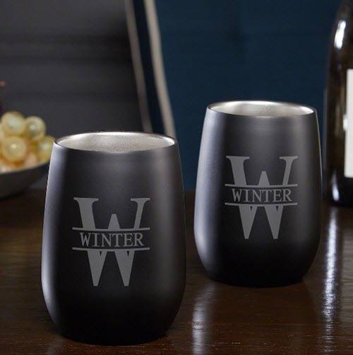 Stainless Steel Wine Glasses | Food For Net Two stainless steel wine glasses with monogram and a name