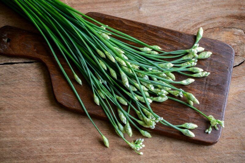 A wooden chopping board with stalks of garlic chives. Their flowering heads can be seen in the image but not their base.