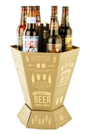 A bouquet of beer box containing 6 beers and a thermoflask.