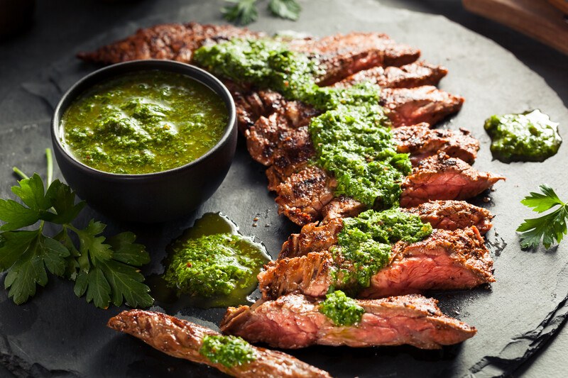 tender skirt Steak with Chimichurri Sauce and Spices