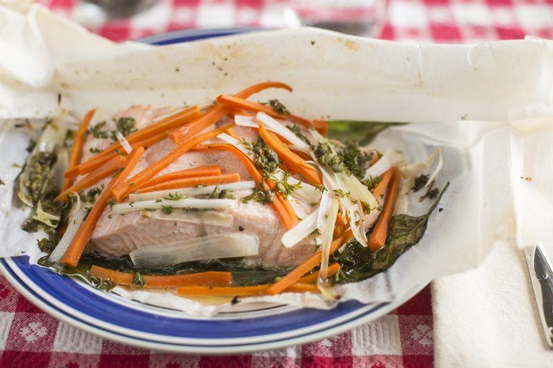 Steamed Salmon en Papillote Close Up Carrot Leeks Capers