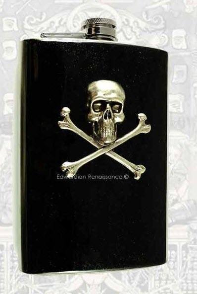 Steampunk Antique Skull Flask | Food For Net Black stainless steel flask with an embedded skull and crossbones.