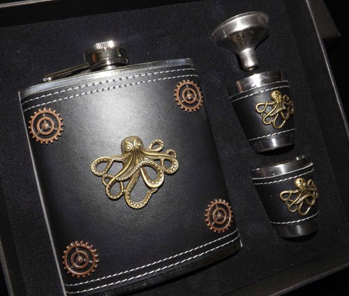 Steampunk Flask and Cup Set | Food For Net Leather covered flask with gears and an octopus