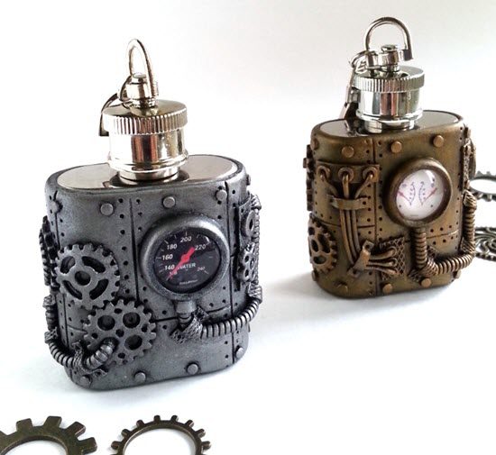 Steampunk Mini Flask | Food For Net Small stainless steel flask with a steampunk-style exterior