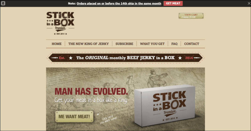 screenshot of Stick In A Box Monthly Beef Jerky Subscription's dominantly light brown page with black announcement bar on top, followed by the website's name/log and navigation menu, the main content area shows the details of the subscription along with an image banner with text overlay