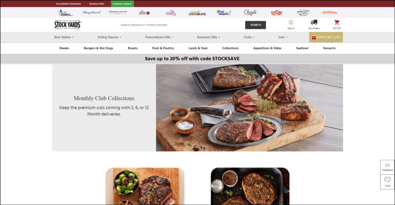 screenshot of Stock Yards Monthly Meat Clubs' web page, dominantly white page with the website's name on top followed by the main navigation menu and images underneath it along with details of the meat clubs