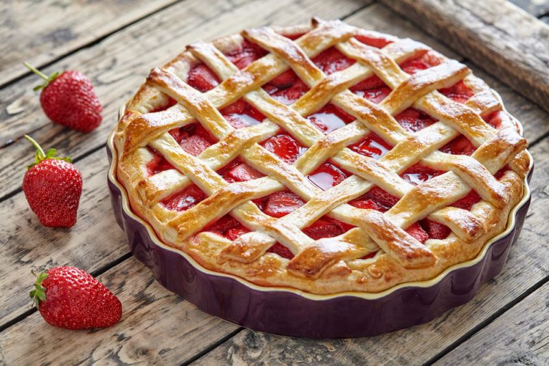 A strawberry pie with lattice on the top