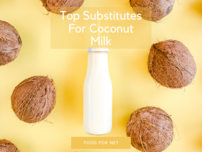 A bottle of coconut milk with a straw against a yellow background, surrounded by coconuts, looking at substitutes for coconut milk