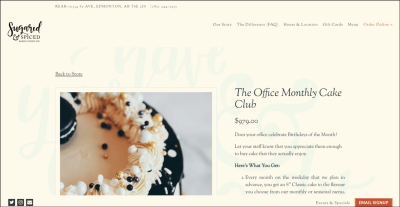 screenshot of Sugared & Spiced The Office Monthly Cake Club's web page, dominantly beige in color with the website's name/logo on top along with the main navigation menu, the main content  shows the details of the club subscription along with a closeup image of a beautifully decorated cake