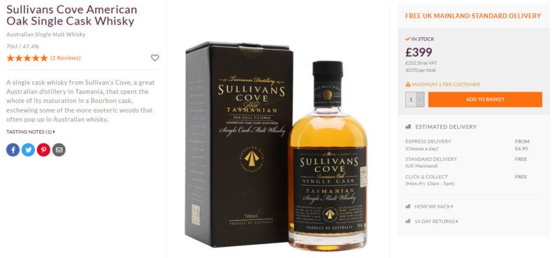 A bottle of Sullivans Cove American Wiskey and its box with pricing details and a description