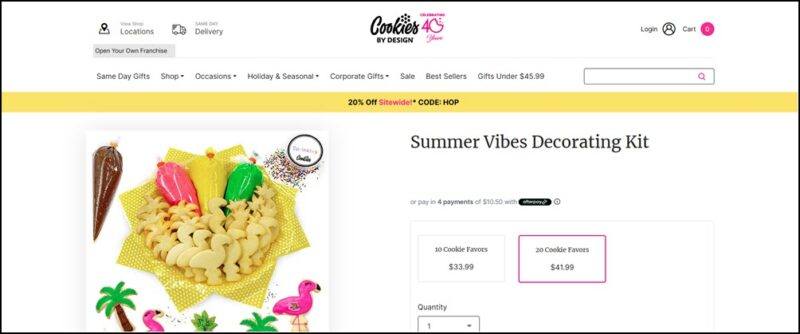 A website screenshot showing summer themed cookies, including palm trees, plus icing and sprinkles