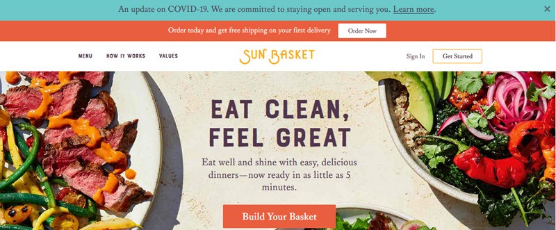 Sun Basket Website Screenshot showing plates of food