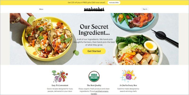 screenshot of Sunbasket homepage with images of beautifully plated meals