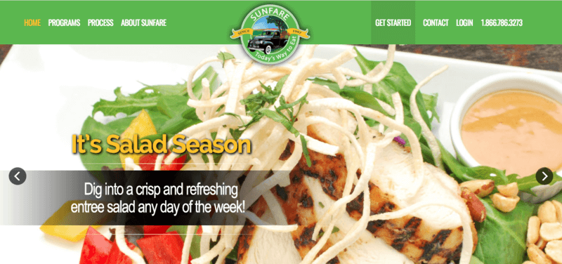 Sunfare website screenshot showing a chicken salad with peanuts, peppers and dressing