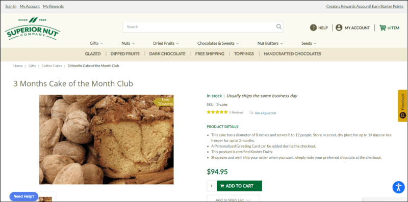 screenshot of Superior Nut Company Cake of the Month Club's web page, the website's name/logo along with the search bar followed by the main navigation menu in darker beige bar, in the main content area is showing details of the 3-month subscription accompanied by an image of a sliced cake