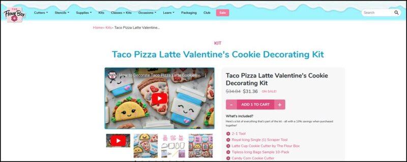 A website screenshot showing taco, pizza, and latte cookies