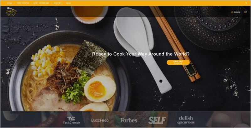 screenshot of Takeout Kit homepage showing a top view image of a bowl of ramen with chopsticks and soup spoon beside it