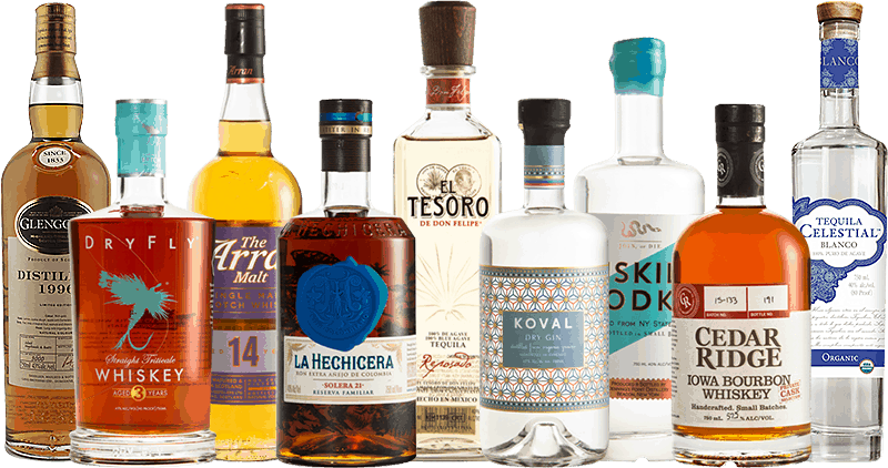 A variety of 9 hard alcohol bottles, with a gray and white checkered background