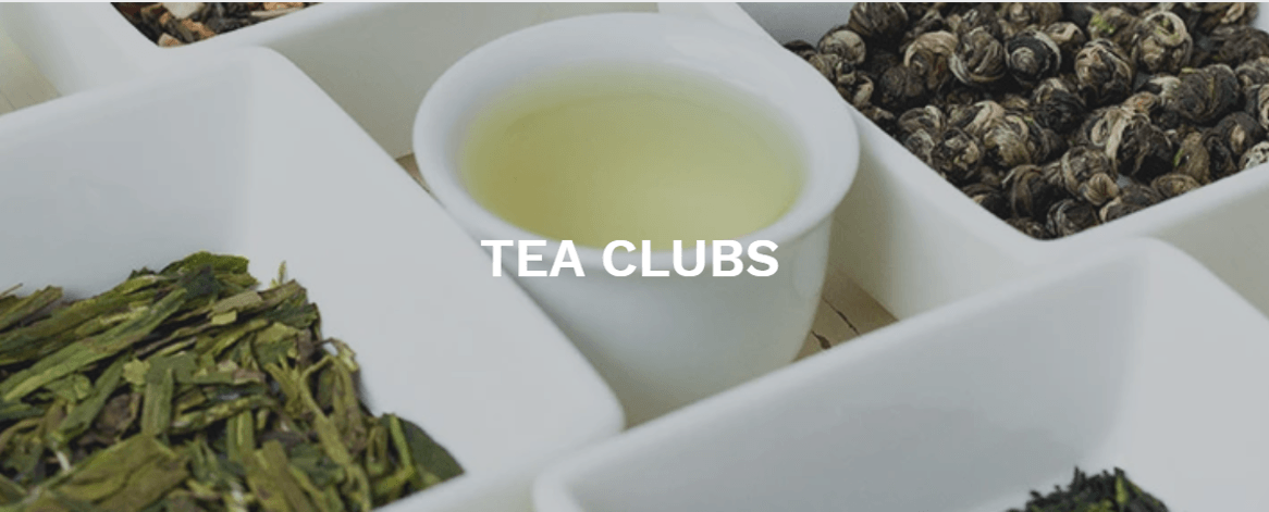 white square bowls with loose tea with a cup of hot water in the middle in white font it states Tea Clubs
