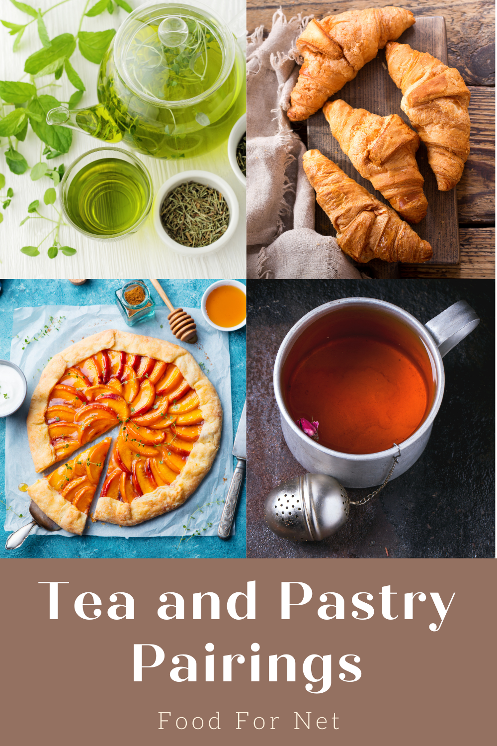 Green tea, black tea, a peach galette and some croissants, all for tea and pastry pairing