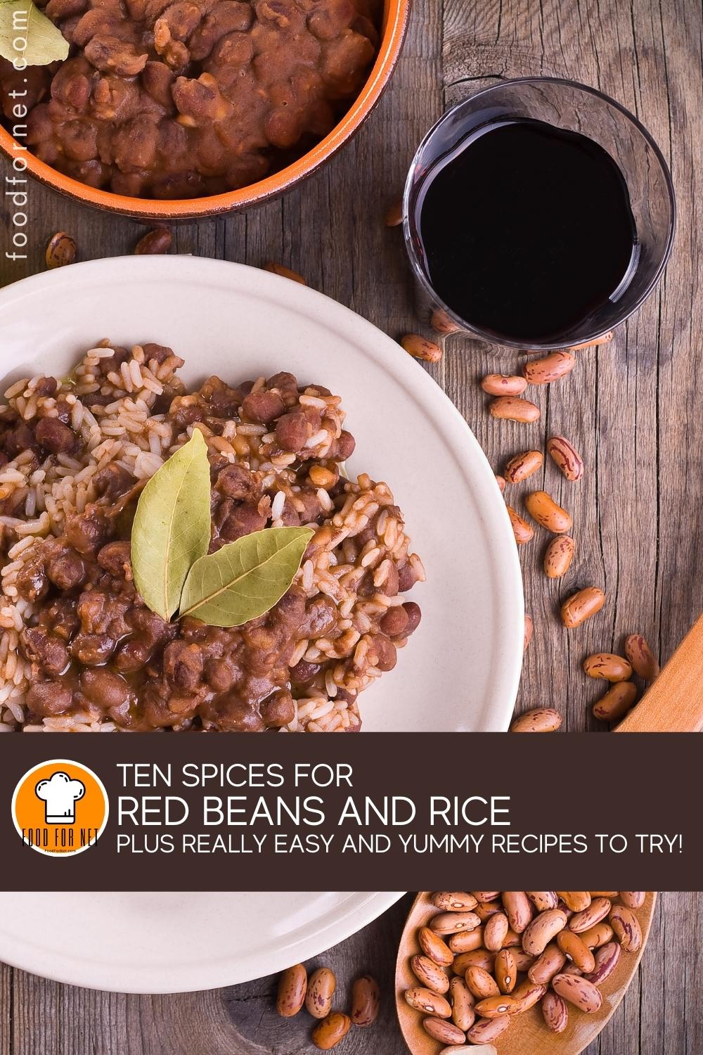 Spices for Red Beans. an overhead shot of a white dish with red beans and rice with a couple of dried leaves on top, around it are loose raw red beans, a wooden ladle with red beans as well, a glass of dark liquid, and a brown bowl of red beans