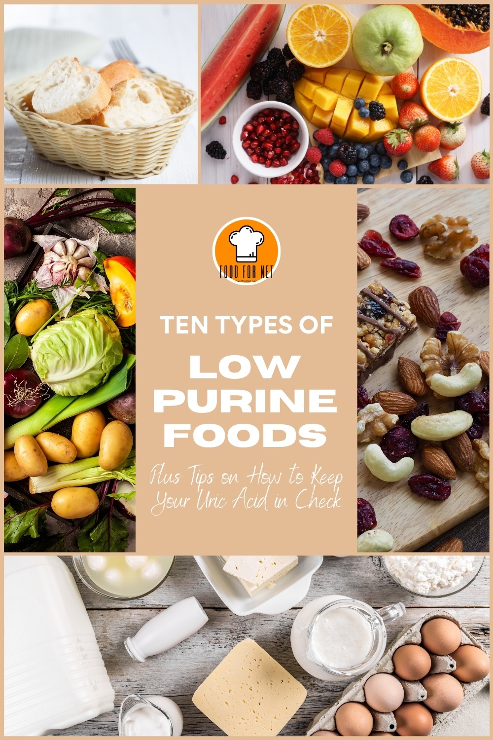 Low Purine Foods Plus. photo collage of sliced bread, different fruits, different vegetables, different nuts, and low fat dairy products; with text overlay "Ten Types of Low Purine Foods Plus Tips on How to Keep Your Uric Acid in Check"