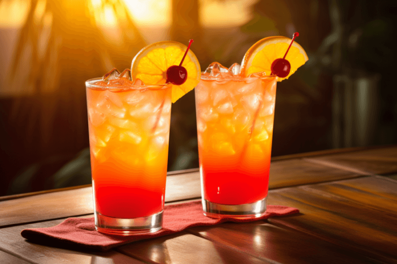 Two tequila sunrise cocktails on a bar, with a sunrise or sunset in the background