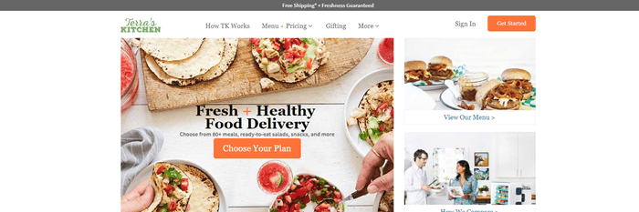 Terra’s-Kitchen-website-screenshot | Food For Net Terra’s Kitchen website screenshot showing a family making pitas, along with another image of burgers and one of a couple cooking.