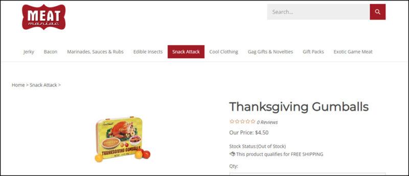 A website screenshot from Meat Maniac showing Thanksgiving gumballs