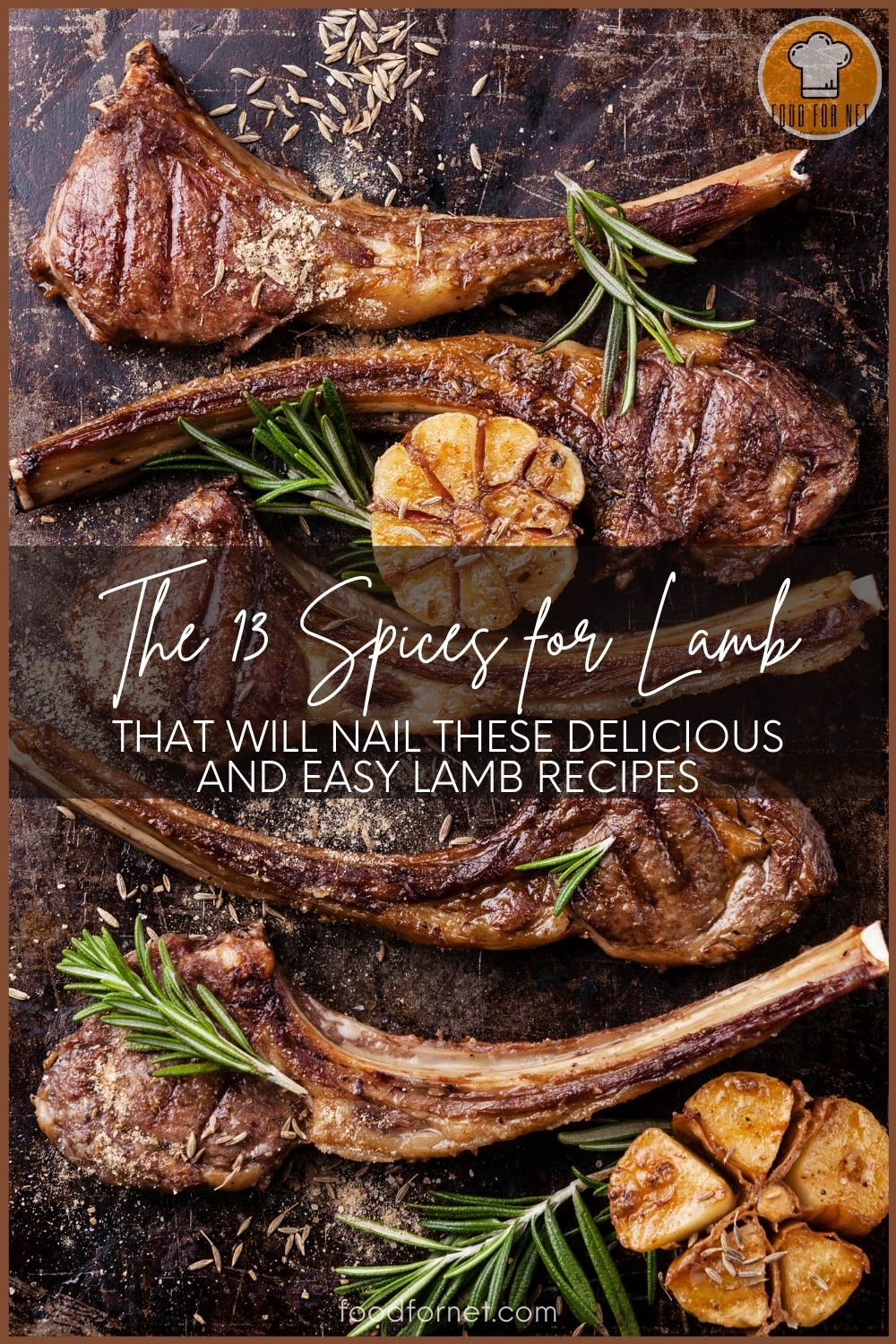 top view image of beautifully plated grilled lamb chops with fresh rosemary leaves and spices and grilled onion heads