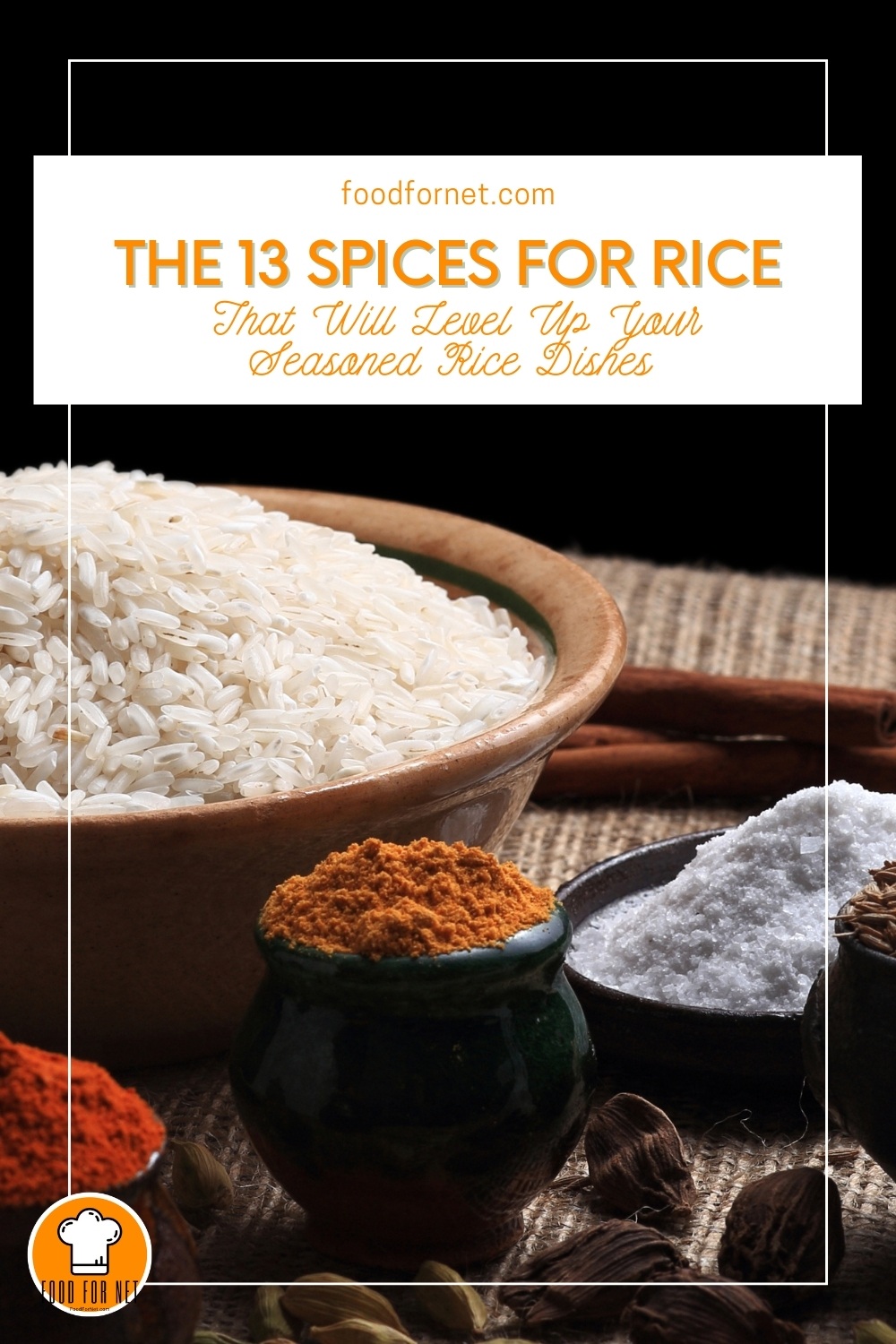 rice in a brown ceramic bowl with different spices around it, with text overlay in white banner "The 13 Spices for Rice That Will Level Up Your Seasoned Rice Dishes"