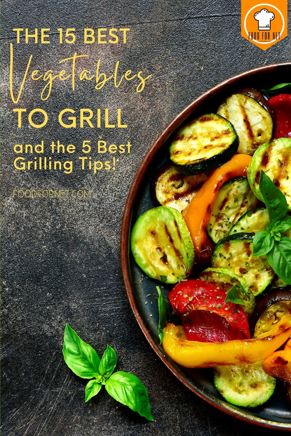 Best Vegetables to Grill. top view image of a beautifully plated grilled vegetables with a sprig of herb on top and another sprig of herb beside it; with text overlay "The 15 Best Vegetables to Grill and the 5 Best Grilling Tips!" 