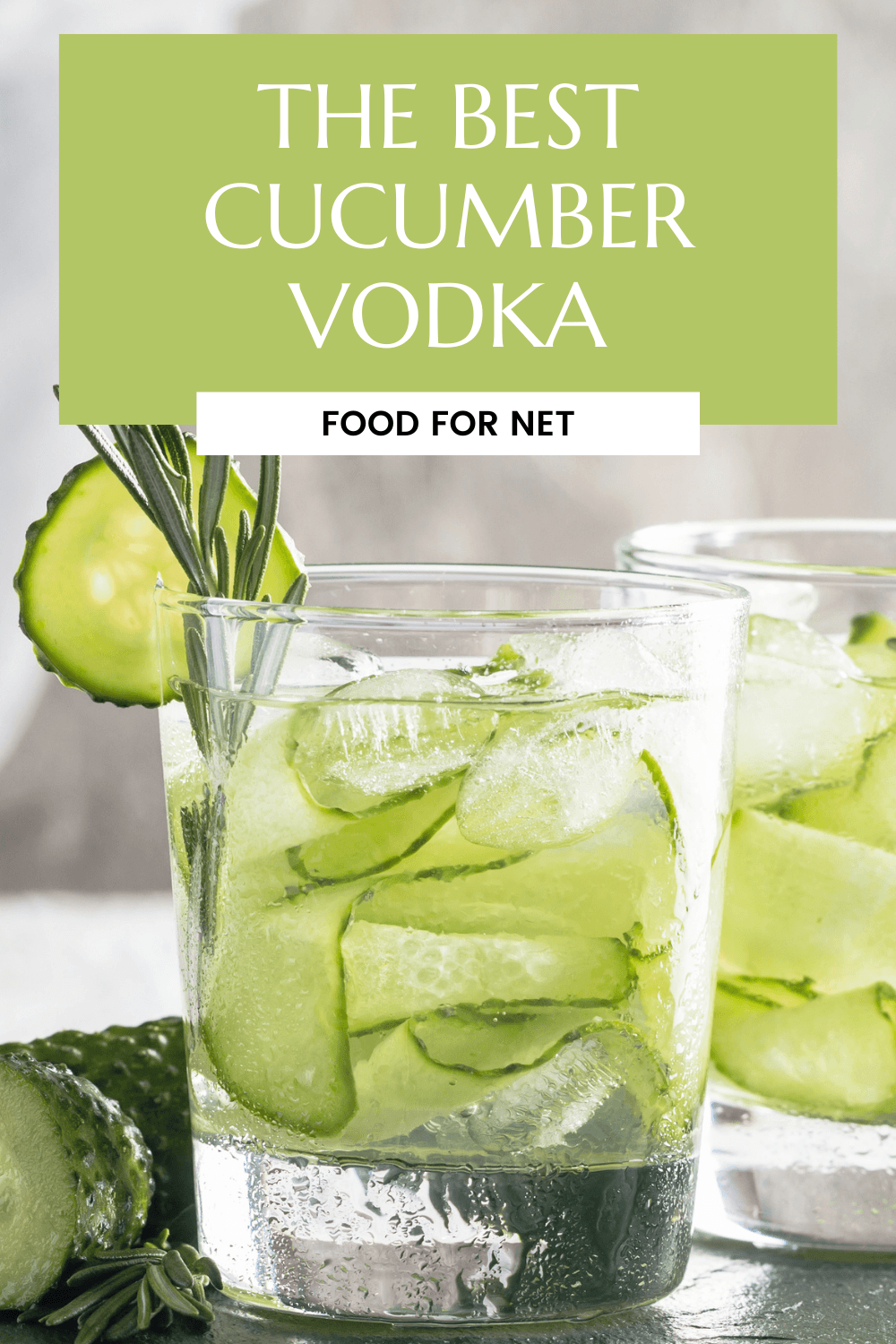 Two glasses of a cocktail made with cucumber vodka, with slices of cucumber