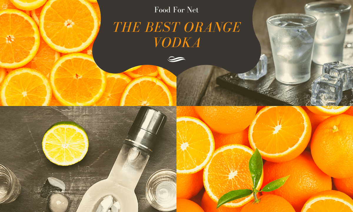 Two piles of oranges, a selection of vodka shots, and a bottle of vodka, showing the idea of orange vodka