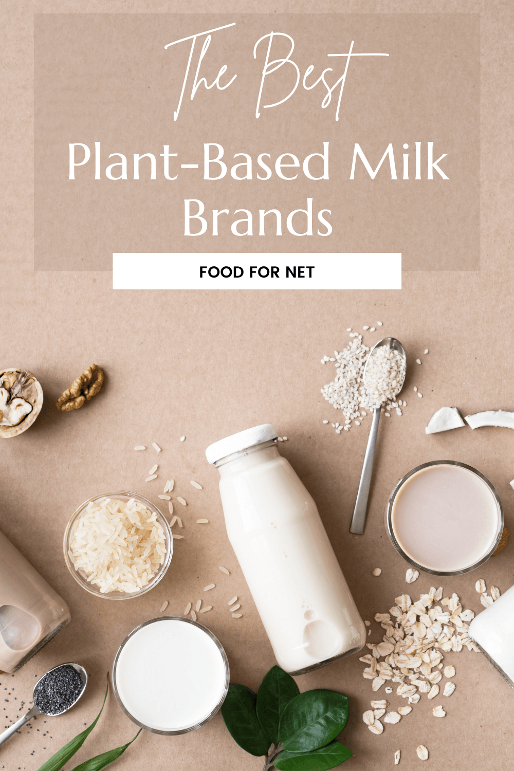 Bottles of plant-based milk on a light brown background, with ingredients also scattered around, including coconut and rice, looking at the best plant-based milk brands