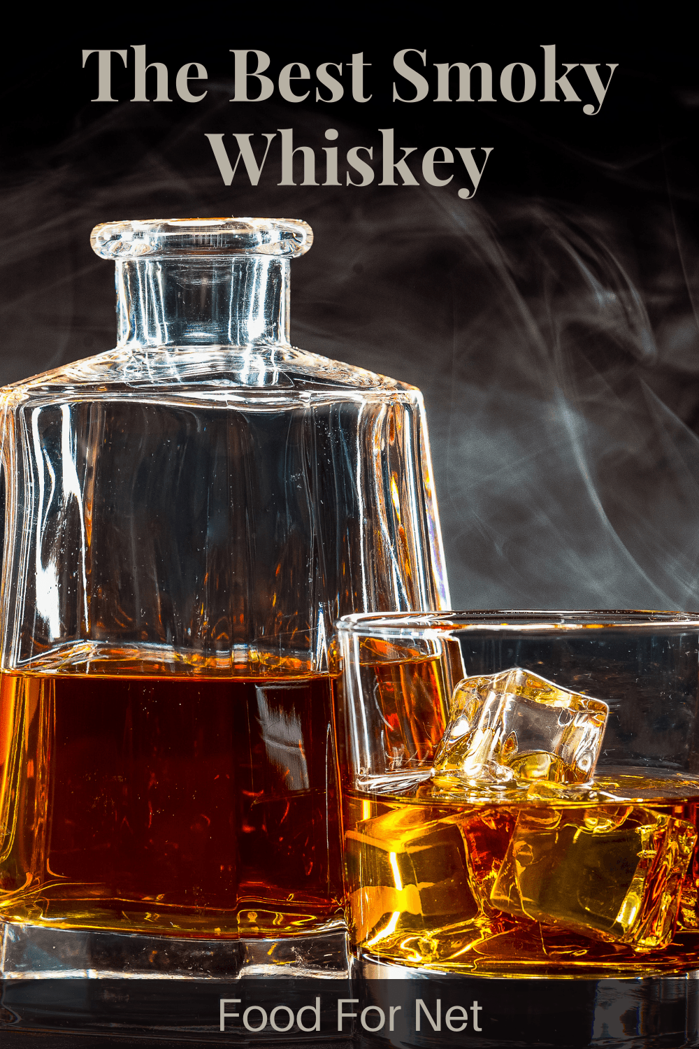 A decanter of whiskey next to a whiskey shot glass, in front of smoke